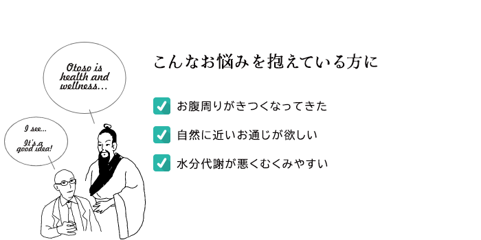 【こんなお悩みを抱えている方に】・お腹周りがきつくなってきた・自然に近いお通じが欲しい・水分代謝が悪くむくみやすい